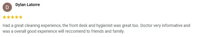 A 5-star Google review of Elite Dental Associates praising the great cleaning experience