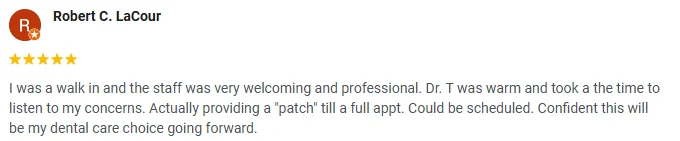 A 5-star Google review of Elite Dental Associates praising the welcoming staff